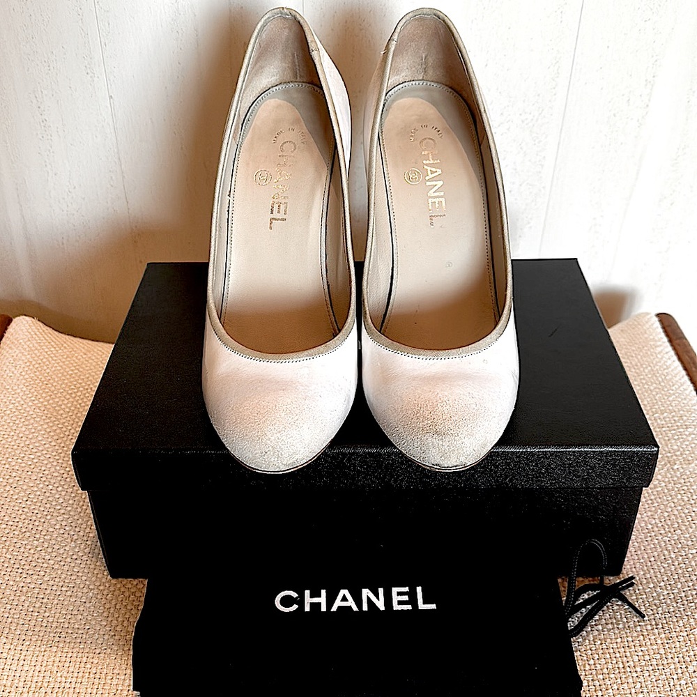Chanel white ombré patent pumps